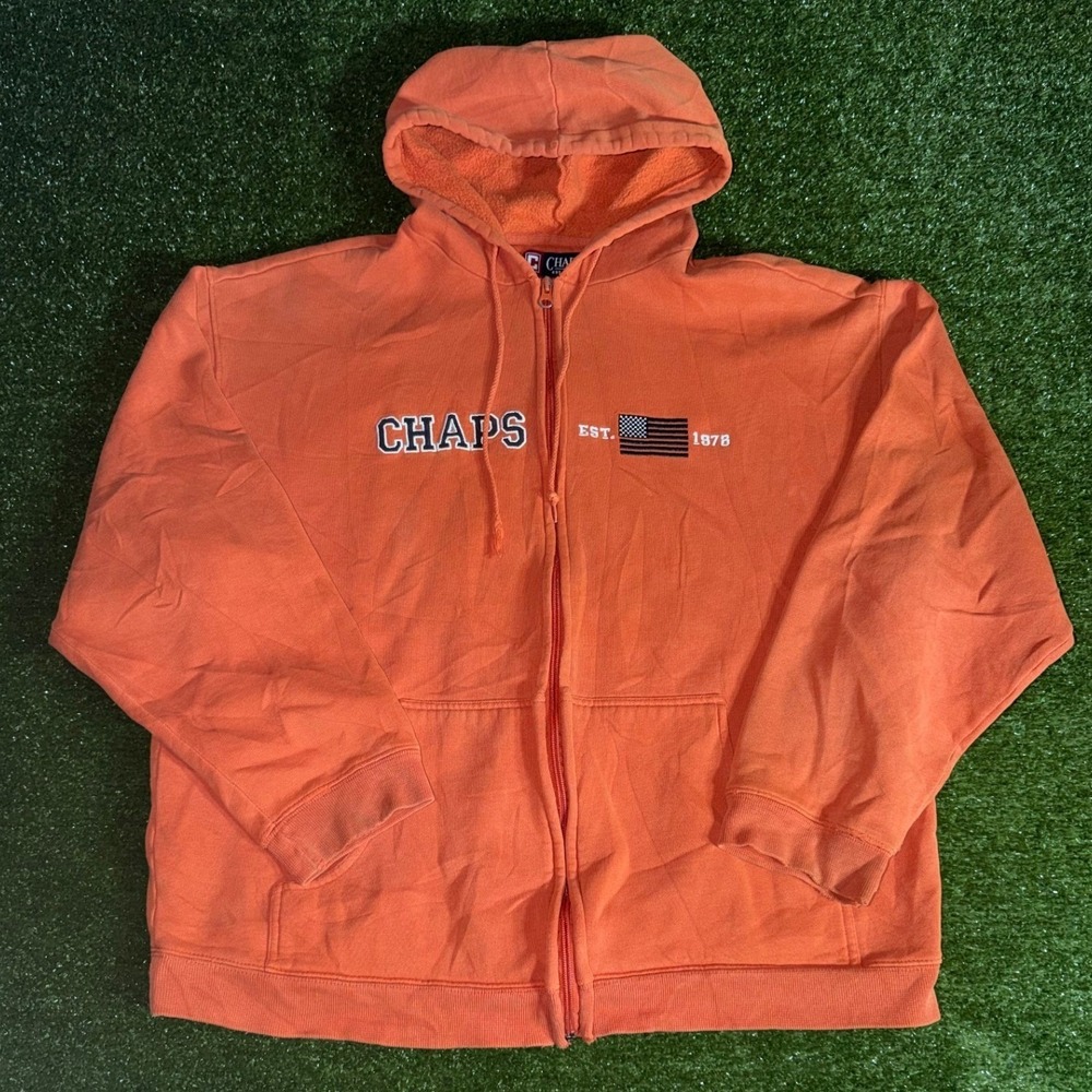 Chaps Mens Orangeβ Full Zip Hoodie Sweatshirt American Flag Logo Size Large